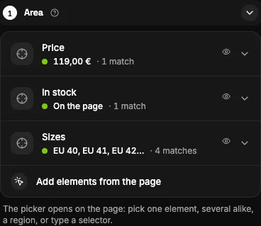 The Area section: the elements picked on the page, each with its live value.