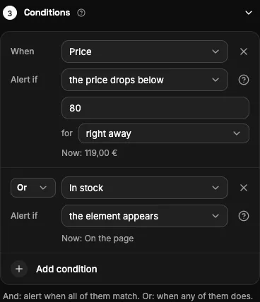The Conditions section with a rule on the price.