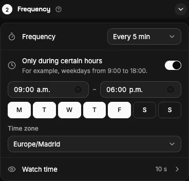 The Frequency section: the interval, active hours and watch time.
