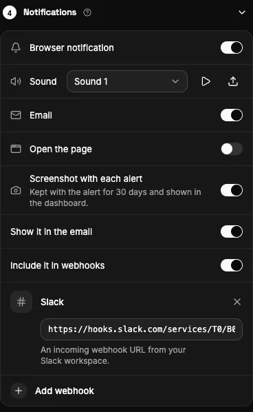 The Notifications section: browser and sound, email, opening the page, screenshot and webhooks.
