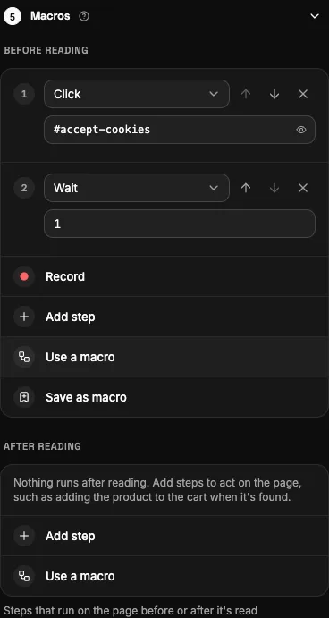 The Macros section: steps before reading, saved macros and recording.