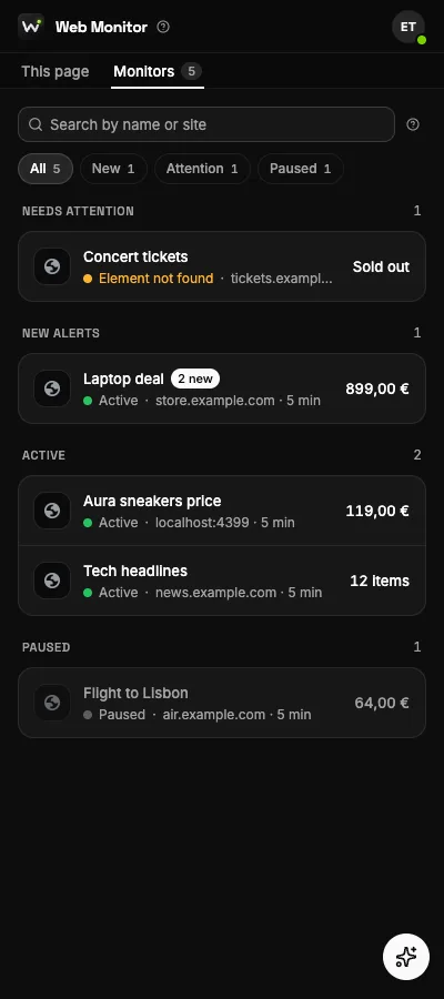 The Monitors tab: search, filters and monitors grouped by what they need.