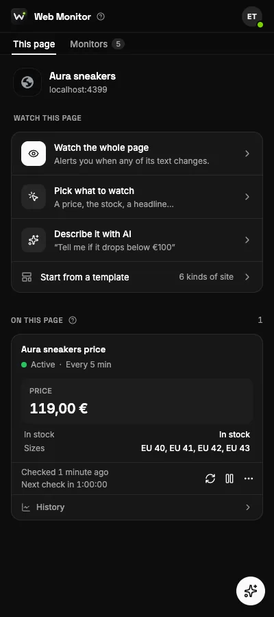 The This page tab, with a monitor's card: its latest value, schedule and actions.